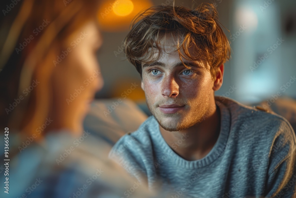 Fototapeta premium Young man looking intently at someone, creating a moment of connection and empathy.