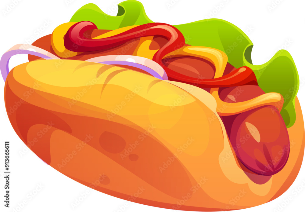 Cartoon fast food hot dog topped with mustard, ketchup, onion rings and fresh lettuce nestled in a soft bun. Isolated vector scrumptious mouth-watering treat with juicy sausage and fresh toppings Cartoon fast food hot dog topped with mustard, ketchup, onion rings and fresh lettuce nestled in a soft bun. Isolated vector scrumptious mouth-watering treat with juicy sausage and fresh toppings