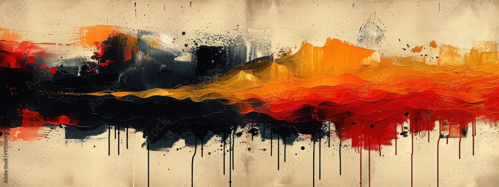 Fototapeta premium Acrylic painting 3 D texture. The canvas should be alive with bold, heavy, and tactile strokes of paint. Vivid oranges, intense reds, and bright yellows while the outer edges should transition into de