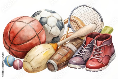 A watercolor illustration of assorted sports equipment, featuring various balls, shoes, and gear, representing different sports activities.