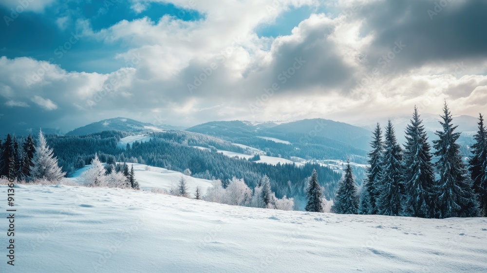 A snowy landscape with a mountain in the background A snowy landscape with a mountain in the background