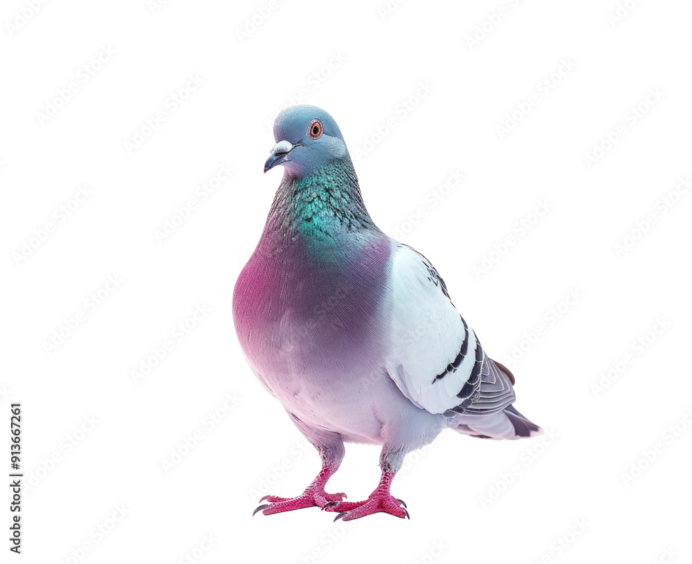 A single pigeon standing against a white background, showing off its colorful feathers. A single pigeon standing against a white background, showing off its colorful feathers.