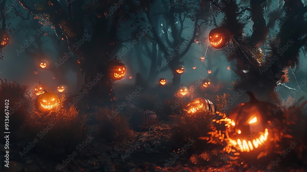 Glowing Pumpkin Heads in Dark Halloween Magic Forest Glowing Pumpkin Heads in Dark Halloween Magic Forest