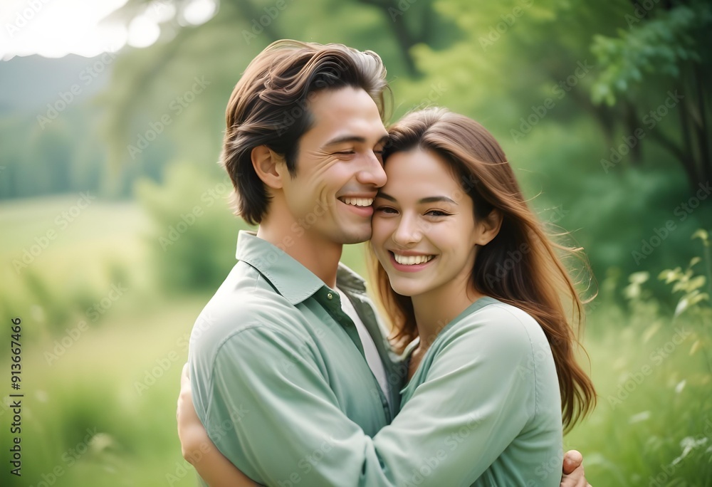 A smiling woman and man hugging each other, surrounded by a beautiful forest and trees. Their warm connection and natural backdrop create a perfect image of a romantic and harmonious moment in nature. A smiling woman and man hugging each other, surrounded by a beautiful forest and trees. Their warm connection and natural backdrop create a perfect image of a romantic and harmonious moment in nature.