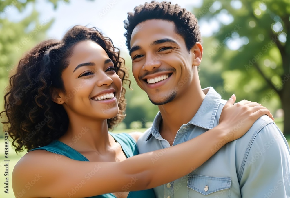 A smiling woman and man hugging each other, surrounded by a beautiful forest and trees. Their warm connection and natural backdrop create a perfect image of a romantic and harmonious moment in nature. A smiling woman and man hugging each other, surrounded by a beautiful forest and trees. Their warm connection and natural backdrop create a perfect image of a romantic and harmonious moment in nature.