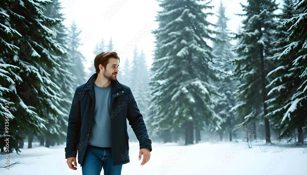 A man walking alone through a winter snow-covered forest. Surrounded by white snow and a wintry landscape, he enjoys the tranquility and silence of the winter nature. A man walking alone through a winter snow-covered forest. Surrounded by white snow and a wintry landscape, he enjoys the tranquility and silence of the winter nature.