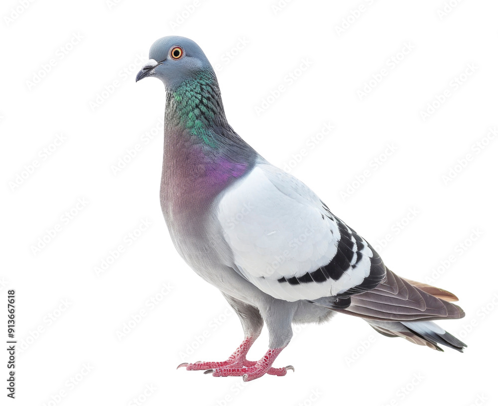 Fototapeta premium A single pigeon isolated on a white background. The bird has gray and white feathers with a black band on its wing.