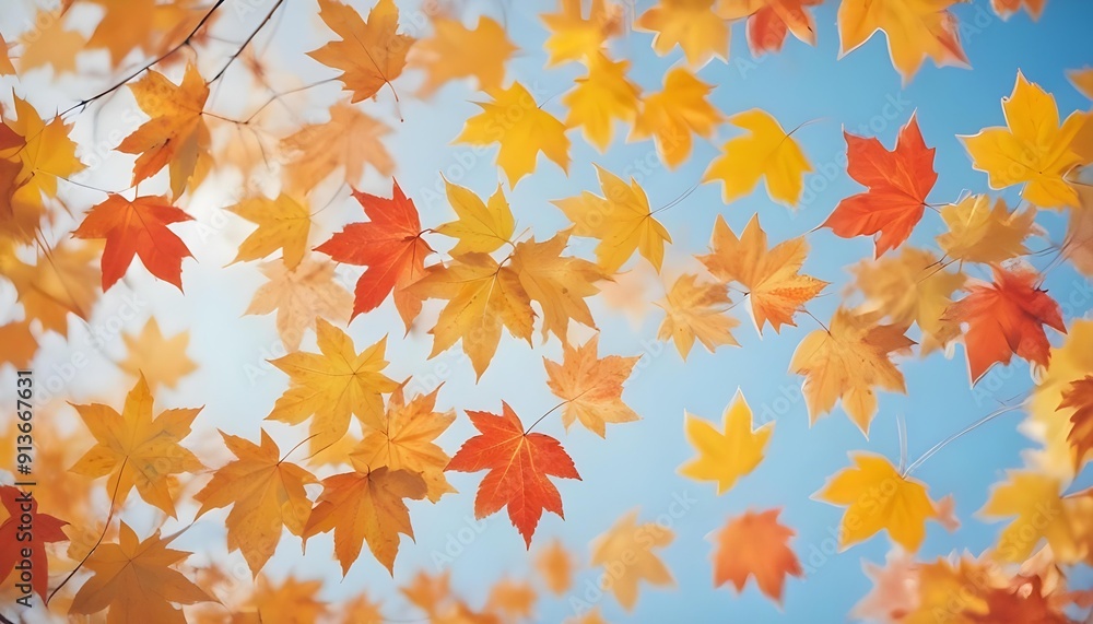 Fototapeta premium Close-up of vibrant autumn leaves in red, orange, and yellow, highlighting their intricate details and warm hues. A perfect depiction of the fall season's rich colors.