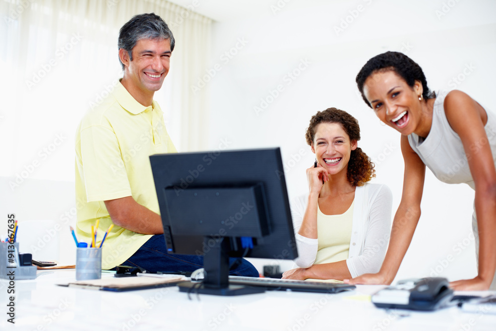 Computer, teamwork and portrait of business people in office with project feedback for finance planning. Manager, collaboration and group of financial clerks with admin for bank reconciliation report Computer, teamwork and portrait of business people in office with project feedback for finance planning. Manager, collaboration and group of financial clerks with admin for bank reconciliation report