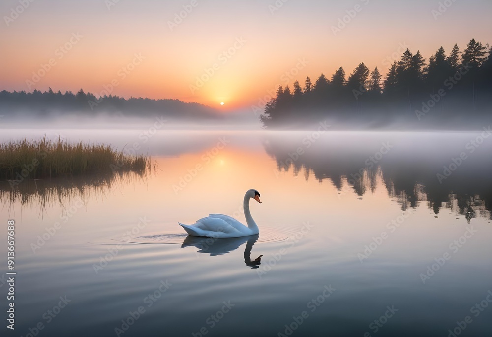Lonely swan swimming on a calm lake, creating a serene and peaceful scene. Lonely swan swimming on a calm lake, creating a serene and peaceful scene.