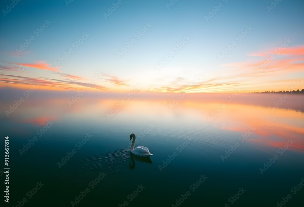 Lonely swan swimming on a calm lake, creating a serene and peaceful scene. Lonely swan swimming on a calm lake, creating a serene and peaceful scene.