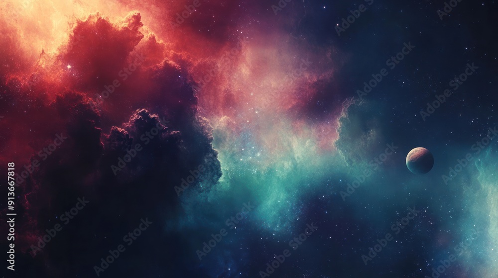 Fototapeta premium A colorful space scene with a planet and a cloud of red, blue, and green