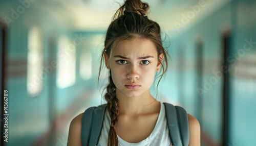 Portrait of a Serious Young Girl in a School Corridor Free Download Portrait of a Serious Young Girl in a School Corridor - GFXLoad