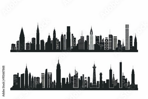 City silhouette skyline icon logo collection. Set of black city silhouette line, Night town skyline illustration on a white background