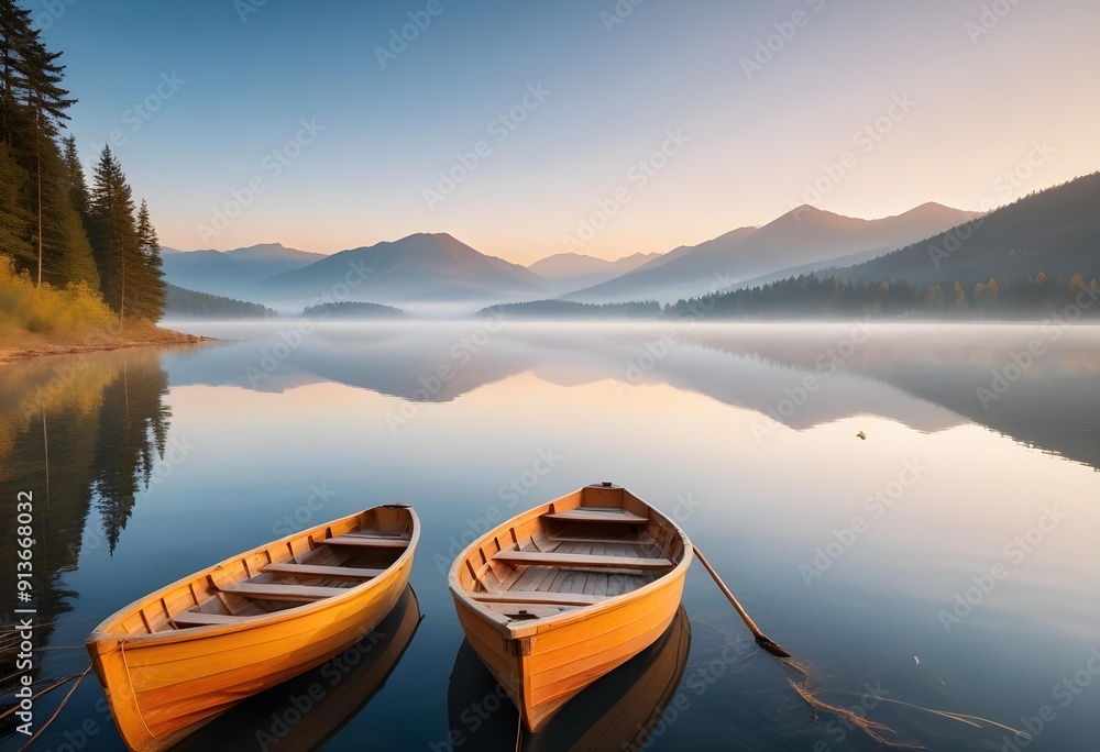 Wooden boat floating on a lake surrounded by forest, reflecting a serene and picturesque natural setting. Wooden boat floating on a lake surrounded by forest, reflecting a serene and picturesque natural setting.