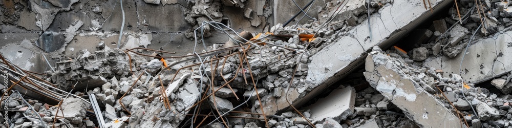 Shattered remnants of a concrete structure Debris from a razed building Exposed steel bars and fractured concrete Heap of rubble from a construction site Waste materials from an ongoing con Shattered remnants of a concrete structure Debris from a razed building Exposed steel bars and fractured concrete Heap of rubble from a construction site Waste materials from an ongoing con