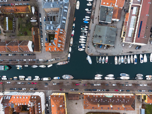 Wall Mural Copenhagen, Denmark: Aerial overhead view of the Christiana Neighbourhood with b