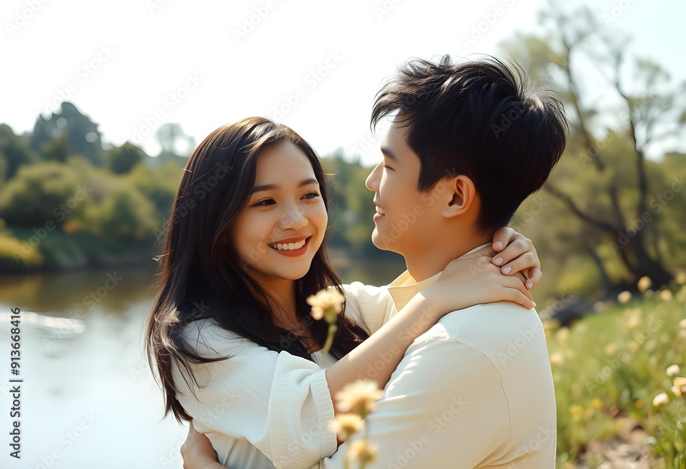 Young couple posing for a photo against a scenic lake backdrop, capturing a joyful and intimate moment. Young couple posing for a photo against a scenic lake backdrop, capturing a joyful and intimate moment.
