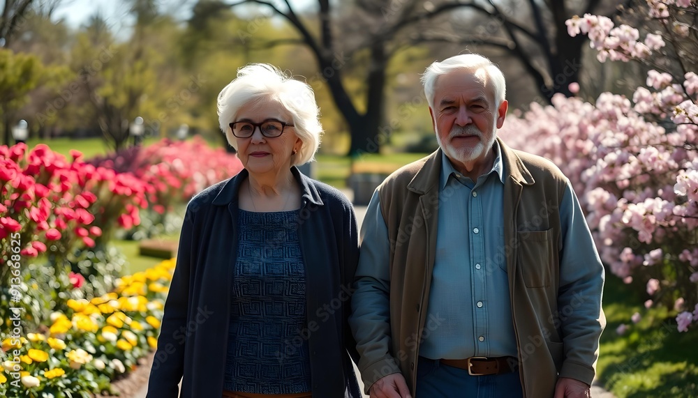 Naklejka premium Older couple enjoying a leisurely stroll in a park, surrounded by greenery and autumn colors, capturing a warm and affectionate moment.