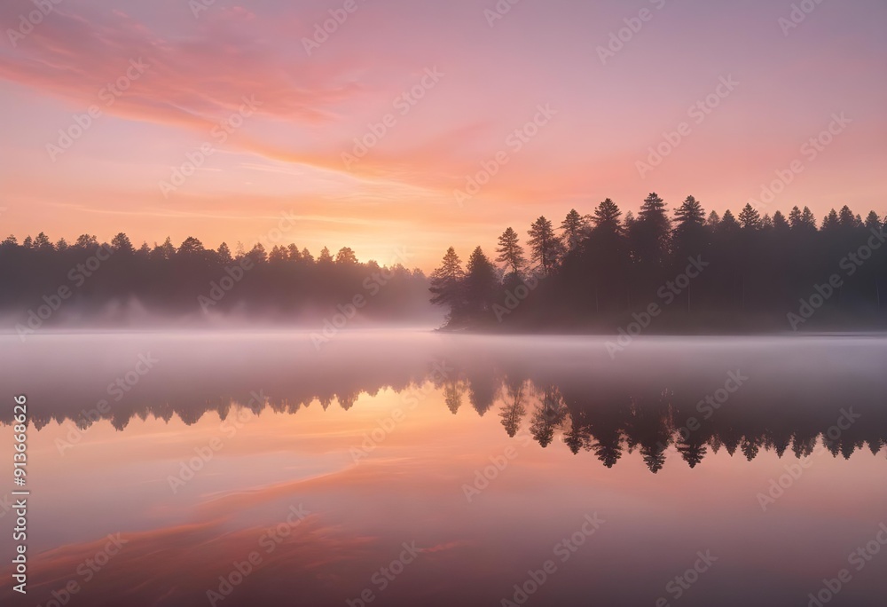 Vast lake surrounded by forest with a delicate mist, creating a serene and mystical atmosphere. Vast lake surrounded by forest with a delicate mist, creating a serene and mystical atmosphere.