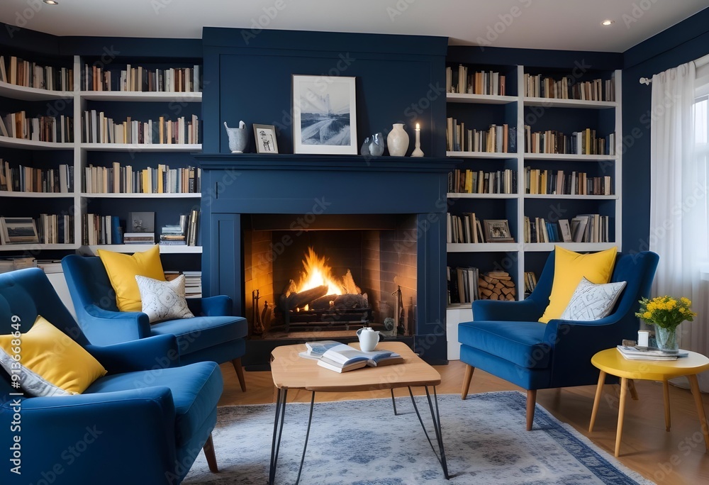 Living room with a cozy fireplace and a large bookshelf filled with books, creating a warm and inviting atmosphere for relaxation and reading. Living room with a cozy fireplace and a large bookshelf filled with books, creating a warm and inviting atmosphere for relaxation and reading.