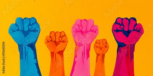 colorful raised fists symbolic of unity, protest, and empowerment on a vibrant yellow background.