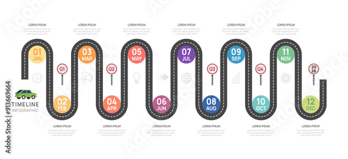 Infographic 2025  road timeline presentation, 12 months. elements diagram template for business. roadmap with circle topics, vector infographics.