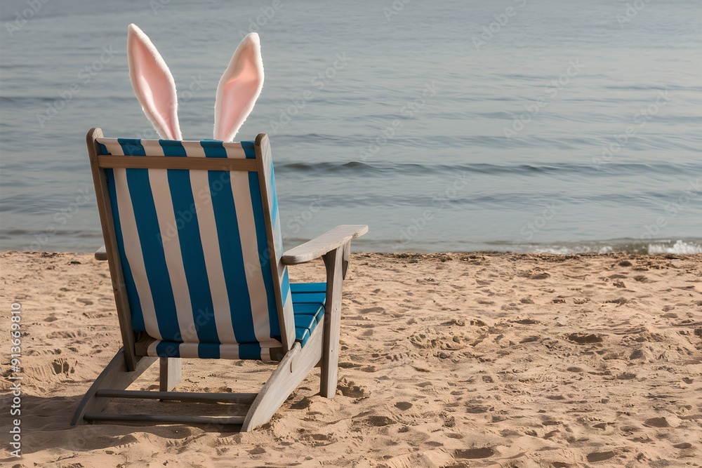 Serene beach scene with striped wooden chair, facing calm sea, whimsical touch Serene beach scene with striped wooden chair, facing calm sea, whimsical touch