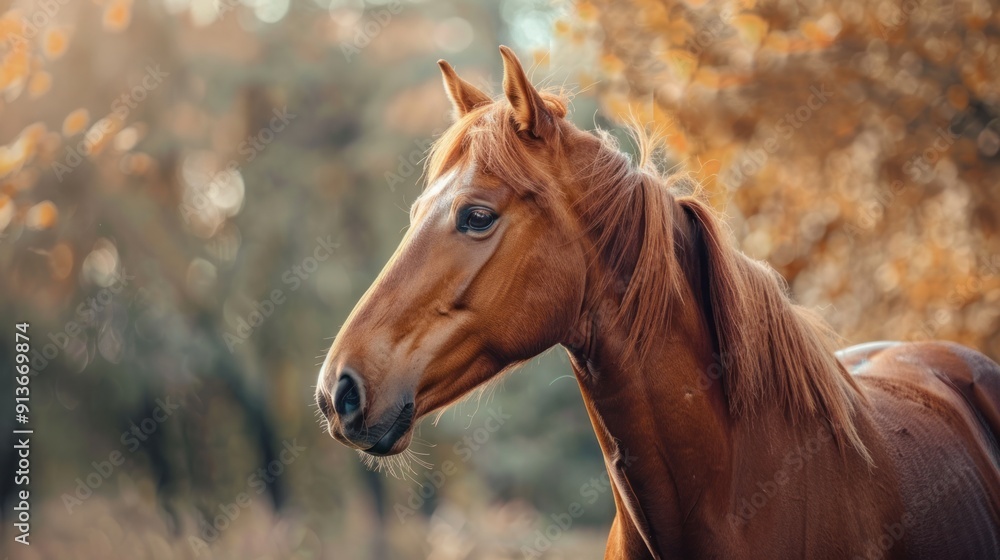 Closeup brown horse stands in a meadow farm Closeup brown horse stands in a meadow farm