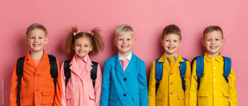Obraz premium diverse group of happy school children wearing colorful jackets and backpacks against a pink background - back to school concept - education, learning, friendship, success
