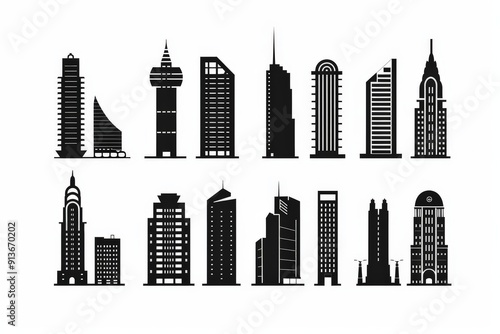 Flat black skyscrapers and building silhouettes icon logo, architecture line icons illustration on a white background