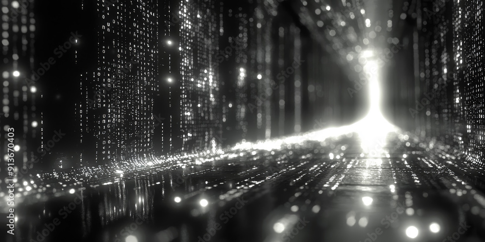 Digital binary code data streaming on a dark background