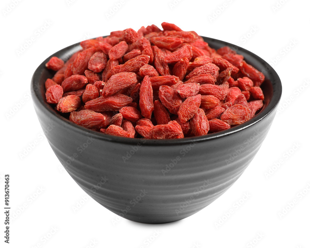 Dried goji berries in bowl isolated on white Dried goji berries in bowl isolated on white