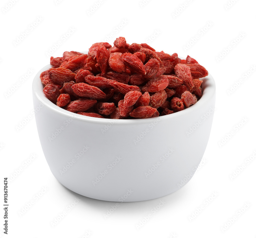 Dried goji berries in bowl isolated on white Dried goji berries in bowl isolated on white