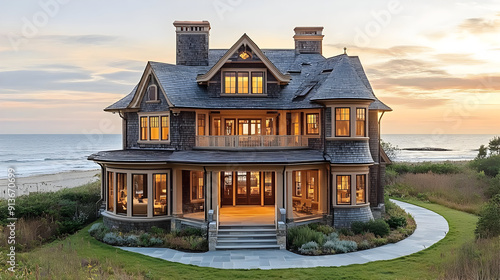 Elegant seaside home with sunset view.