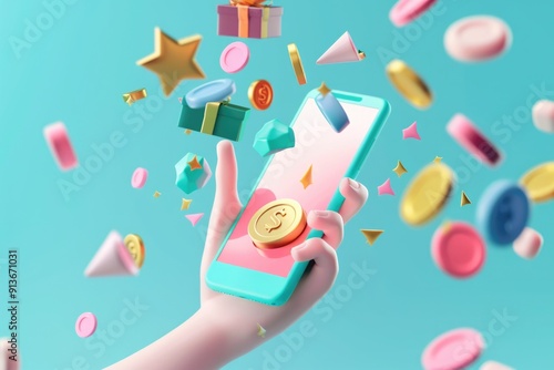 3D Cartoon Hand Interacting with Mobile Screen Amidst Falling Coins and Gifts for Digital Transactions and Online Shopping Concepts