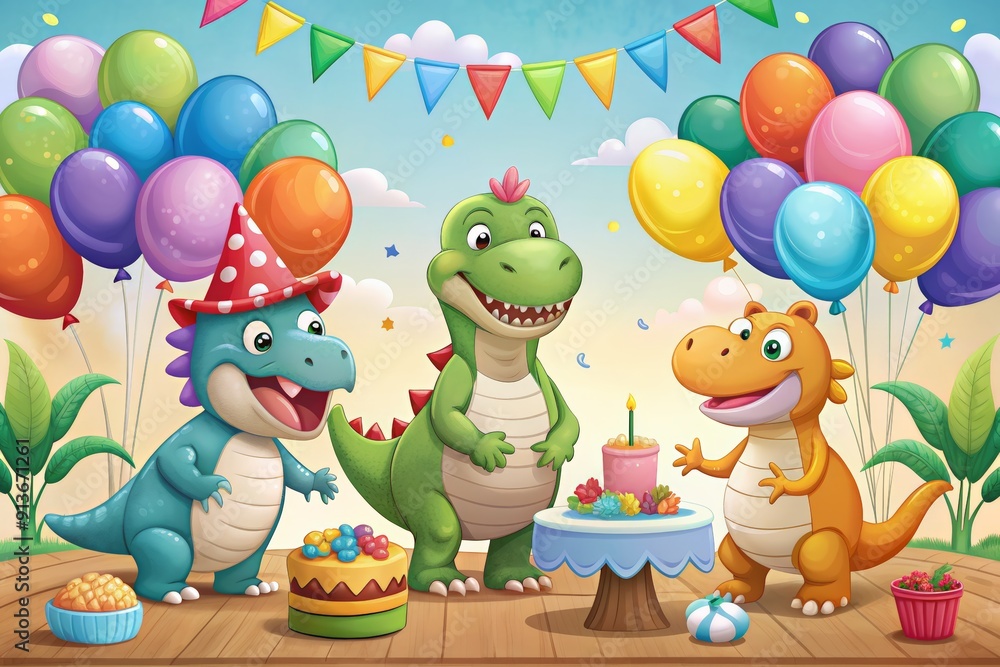 Obraz premium Cute dinosaur-themed birthday party with balloons and a cake.