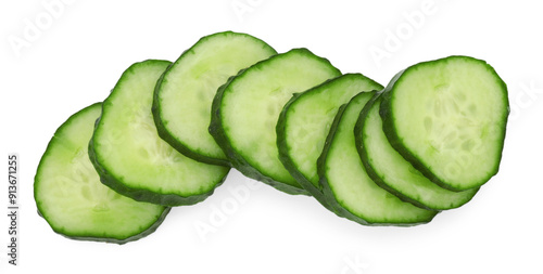 Fresh cut cucumber isolated on white, top view