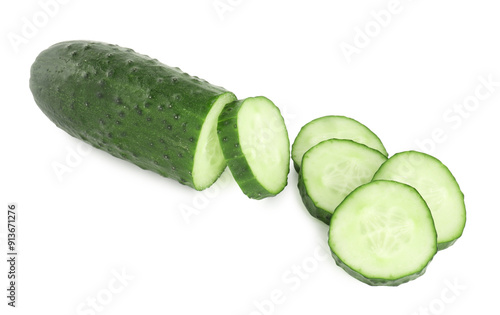 Fresh cut cucumber isolated on white, above view