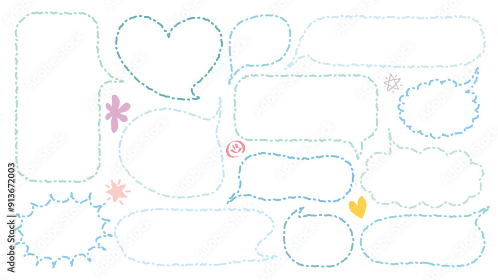 Set of hand drawn style cute memo sticker. Variety abstract shapes of blue dotted line speech bubble. crayon draw line out frame . Chat box balloon cloud. Sweet retro label tag vector for text Set of hand drawn style cute memo sticker. Variety abstract shapes of blue dotted line speech bubble. crayon draw line out frame . Chat box balloon cloud. Sweet retro label tag vector for text