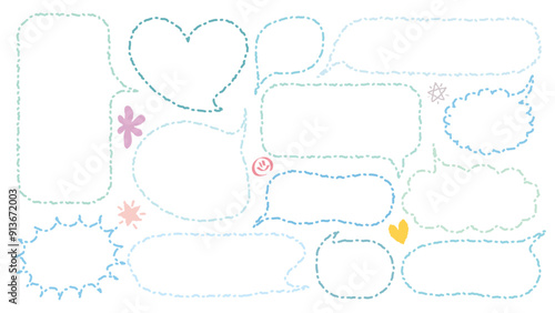 Set of hand drawn style cute memo sticker. Variety abstract shapes of blue dotted line speech bubble. crayon draw line out frame . Chat box balloon cloud. Sweet retro label tag vector for text