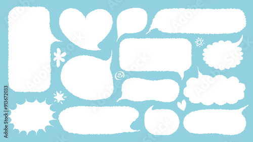 Set of hand drawn style cute memo sticker with blue background. Variety abstract shapes of white speech bubble. Crayon draw style frame . Chat box balloon cloud.Retro blank label tag vector for text