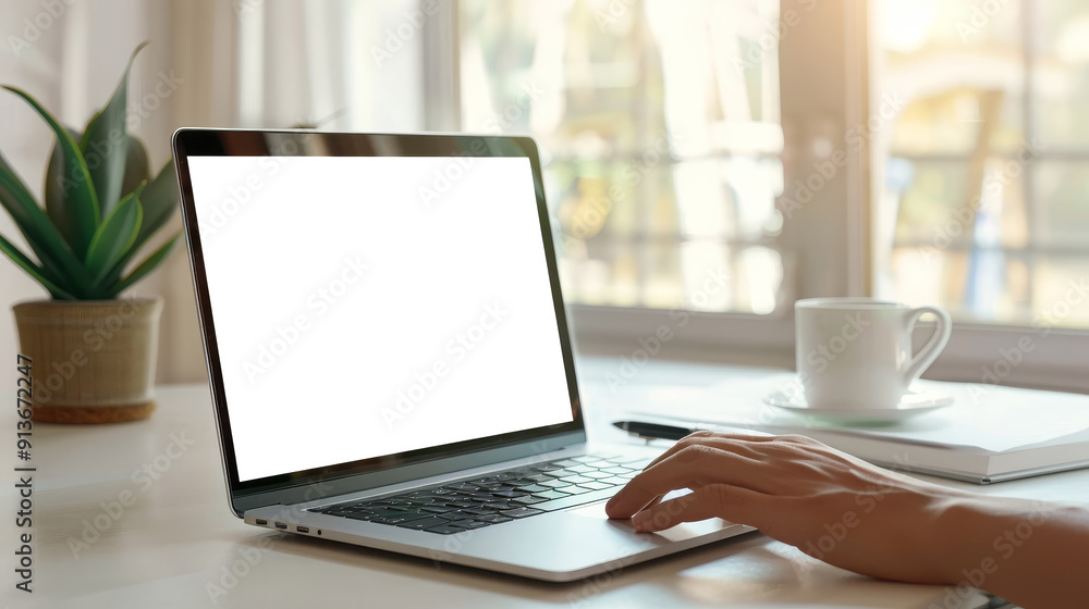 Fototapeta premium Closeup of a person's hand using a laptop with a white screen
