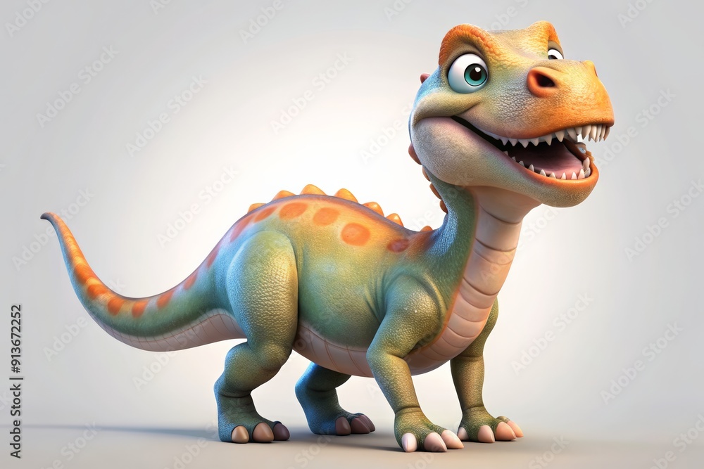 Fototapeta premium Cute cartoon dinosaur standing and smiling happily.