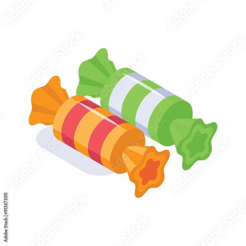 Brightly wrapped candies isometric icon, a sweet treat for the holiday season