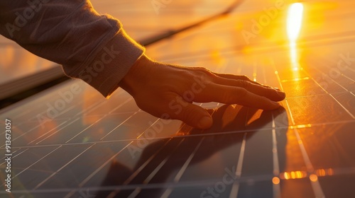 The hand on solar panel photo