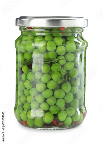 Tasty pickled peas in jar isolated on white