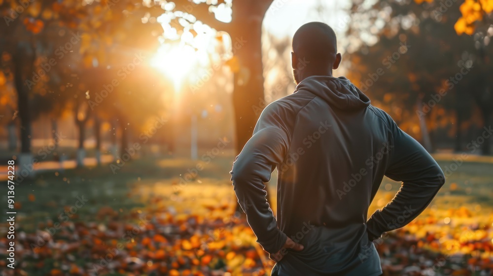 Obraz premium A man in a hoodie is standing in a park with leaves on the ground looking up at the sun