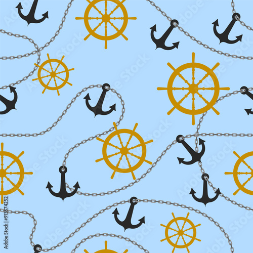 Seamless vector pattern with anchor on chain and helm. Marine pattern.