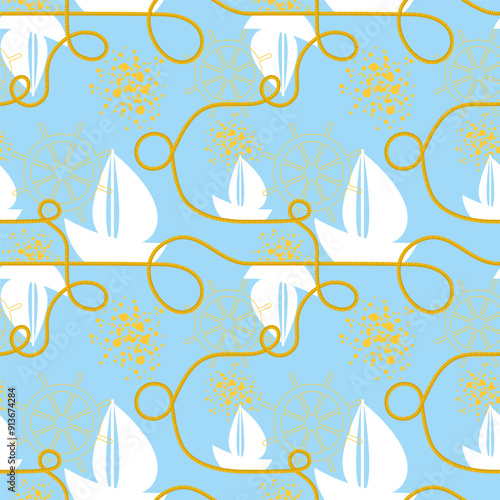 Seamless vector pattern with steering wheel and yacht. Marine pattern.